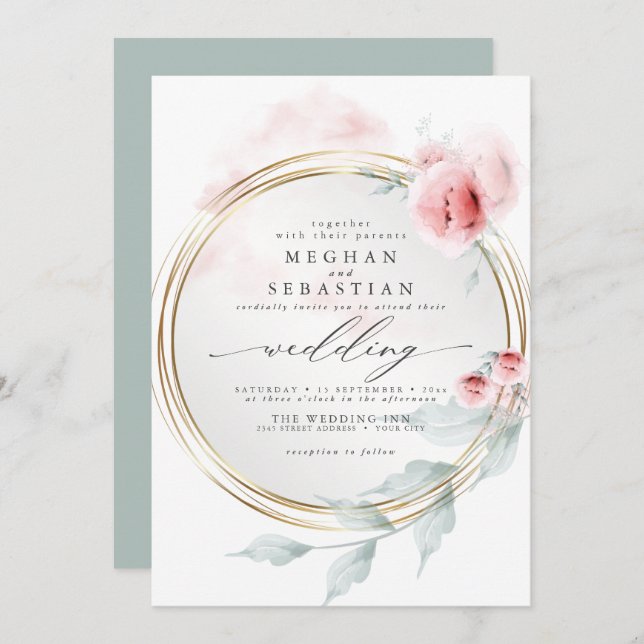 Elegant Pink Blush Peony Wedding  Invitation (Front/Back)