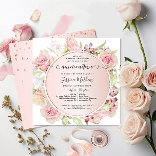 Elegant Pink, Blush, Rose Gold Floral Quinceanera Invitation