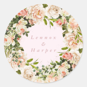 Elegant Pink Blush Rose Romance Wedding Classic Round Sticker