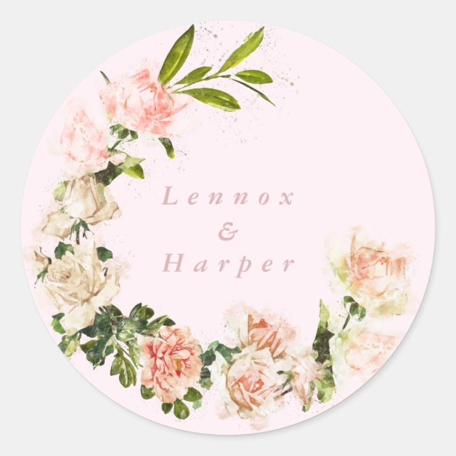 Elegant Pink Blush Rose Romance Wedding Classic Round Sticker (Front)