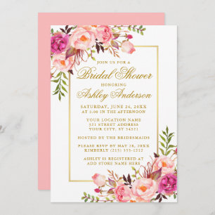 Elegant Pink Blush Roses Gold Bridal Shower Invitation
