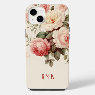 Elegant Pink & Blush Roses w/Monogram iPhone 14 Plus Case