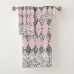 Elegant Pink Blush Silver Harlequin Bath Towel Set