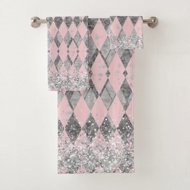 Elegant Pink Blush Silver Harlequin Glitter Bath Towel Set (Insitu)