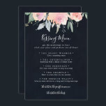 Elegant Pink Blush Wedding Kissing Menu Game Card<br><div class="desc">This elegant pink blush wedding kissing menu game card is perfect for a modern wedding reception. The design features hand-drawn pink blush roses and peonies with green and grey leaves in a dark blue background,  inspiring natural beauty.</div>
