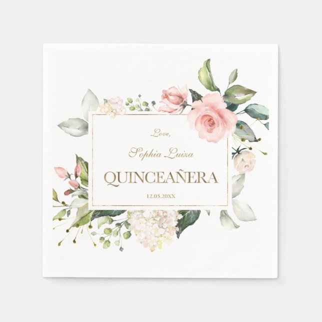 Elegant Pink Blush White Flowers Gold Quinceañera Napkin (Front)