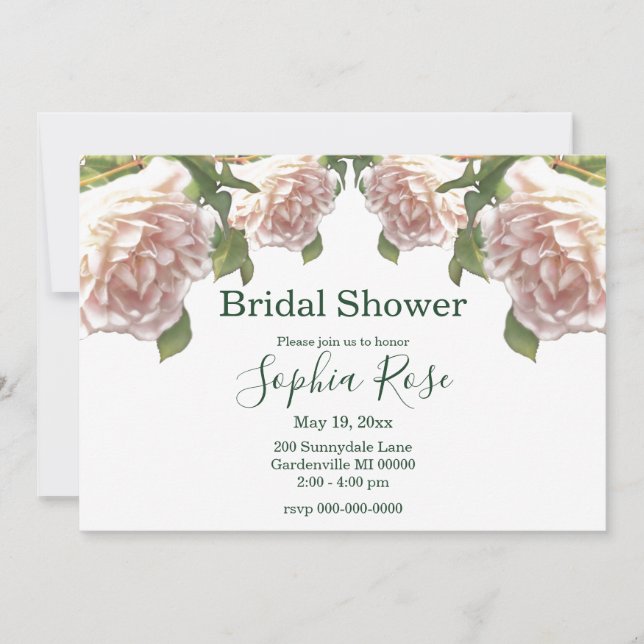 Elegant pink blush white roses Bridal shower Invitation (Front)