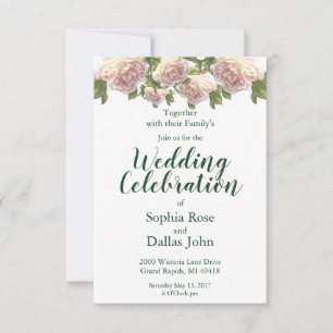 Elegant pink blush white roses Wedding Invitation