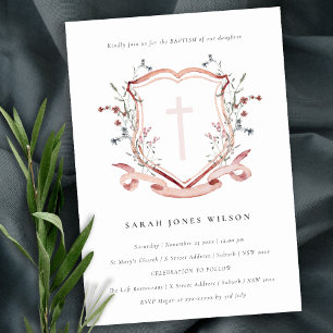 Elegant Pink Blush Wildflower Cross Crest Baptism Invitation