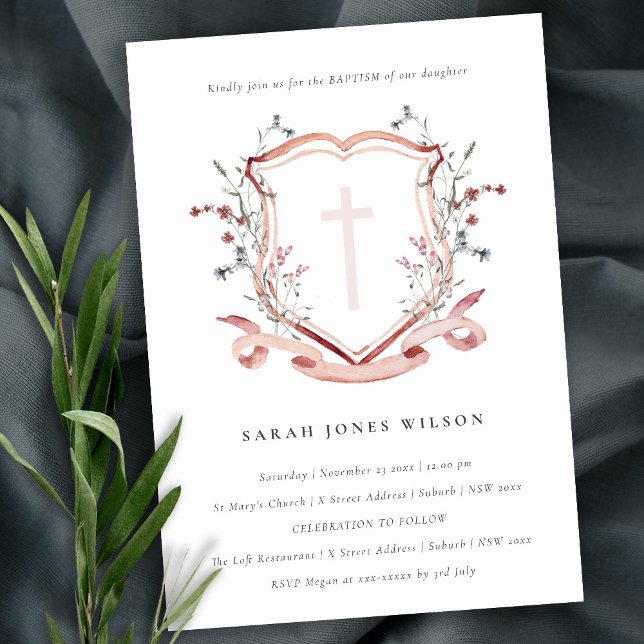 Elegant Pink Blush Wildflower Cross Crest Baptism Invitation (Creator Uploaded)