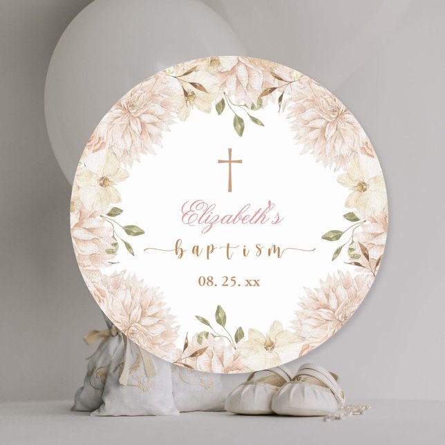 Elegant Pink Boho Floral Baptism  Classic Round Sticker (Creator Uploaded)