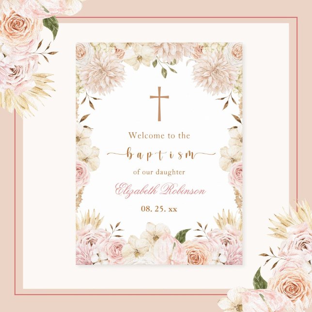 Elegant Pink Boho Floral Baptism Poster (Creator Uploaded)