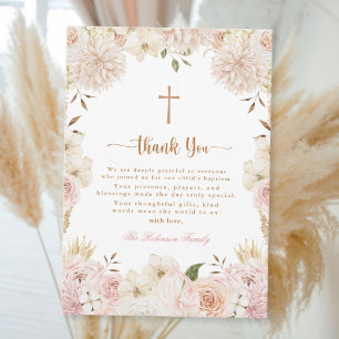 Elegant Pink Boho Floral Baptism Thank You Card