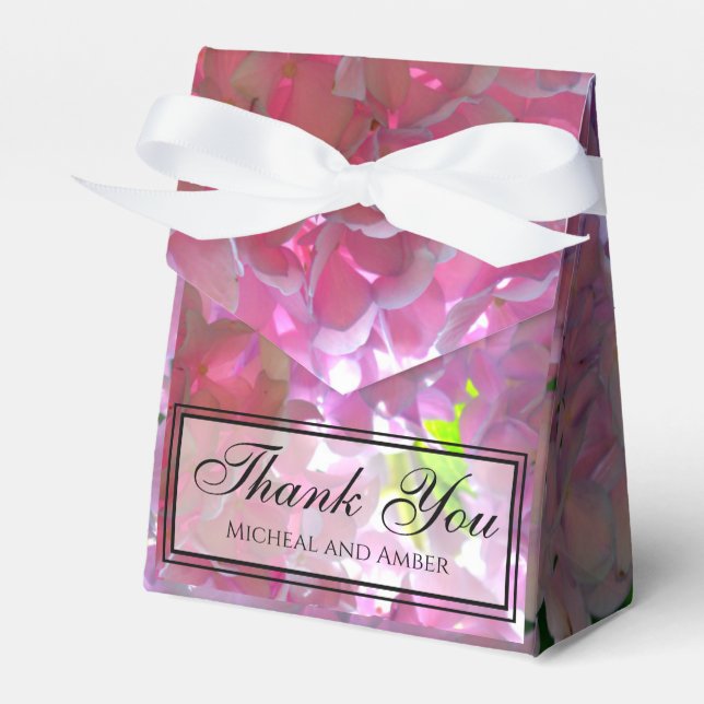 Elegant pink boho florals flowers hydrangeas favour box (Front Side)