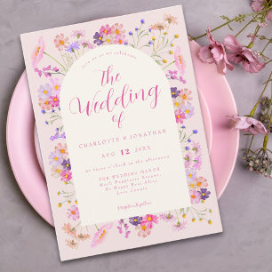 Elegant Pink Boho Wildflower Wedding Invitation