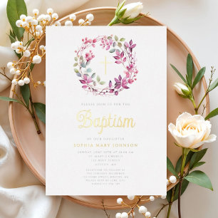 Elegant Pink Botanical Religious Girl Baptism 