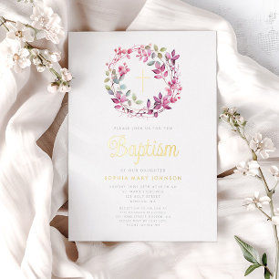 Elegant Pink Botanical Religious Girl Baptism