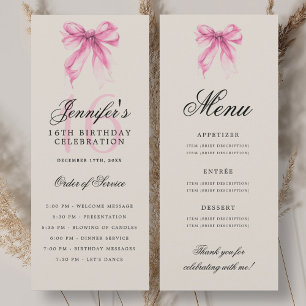 Elegant Pink Bow 16th Birthday Party Program Menu Invitation