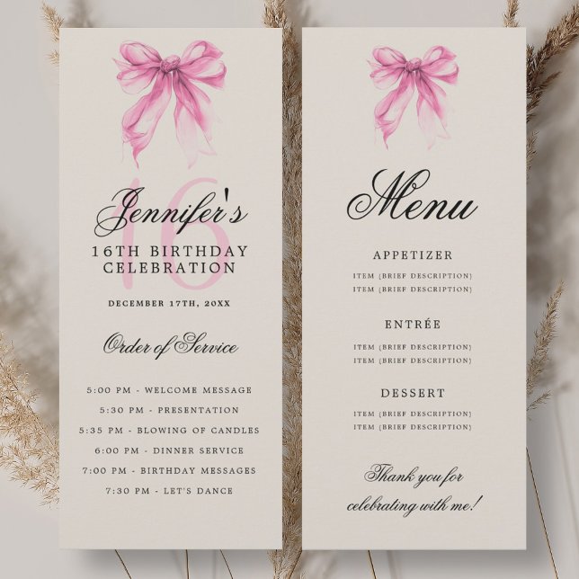 Elegant Pink Bow 16th Birthday Party Program Menu Invitation (Elegant Pink Bow 16th Birthday Party Program Menu)