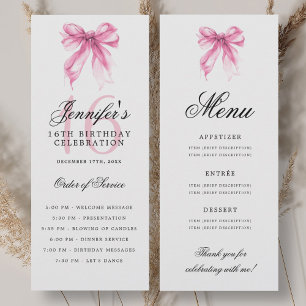 Elegant Pink Bow 16th Birthday Party Program Menu Invitation