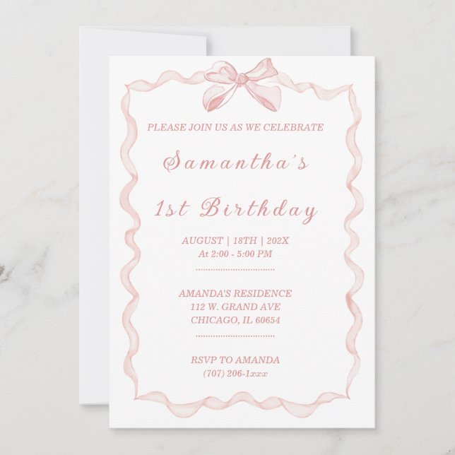 Elegant Pink Bow 1st Birthday for Girls Invitation (Front)