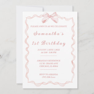 Elegant Pink Bow 1st Birthday for Girls Invitation