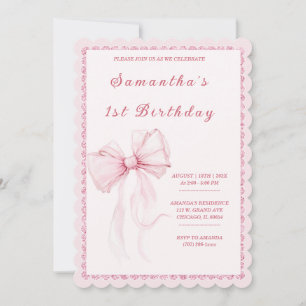 Elegant Pink Bow 1st Birthday for Girls Invitation