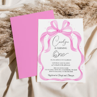 Elegant Pink Bow 1st Birthday Invitation