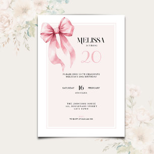 Elegant Pink Bow 20th Birthday Invitation