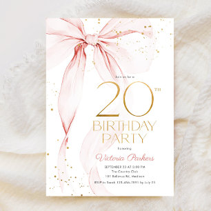 Elegant Pink Bow 20th Birthday Invitation