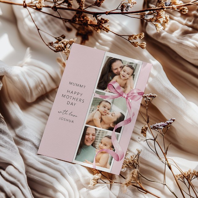 Elegant Pink Bow 3 Photo Mothers Day Card (Creator Uploaded)