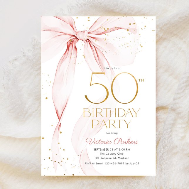 Elegant Pink Bow 50th Birthday Invitation (Creator Uploaded)