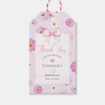 Elegant Pink Bow and Floral Girl 1st Birthday
