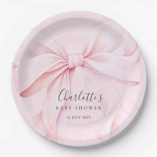  Elegant Pink Bow Baby Bridal Shower Paper Plate (Front)