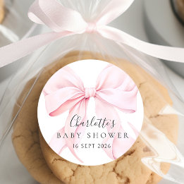  Elegant Pink Bow Baby Shower Classic Round Sticker