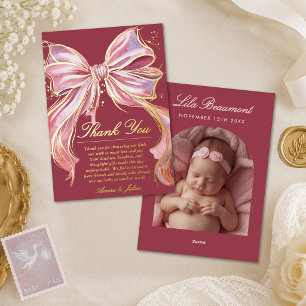 Elegant Pink Bow Baby Shower Foil Thank‑You Card 
