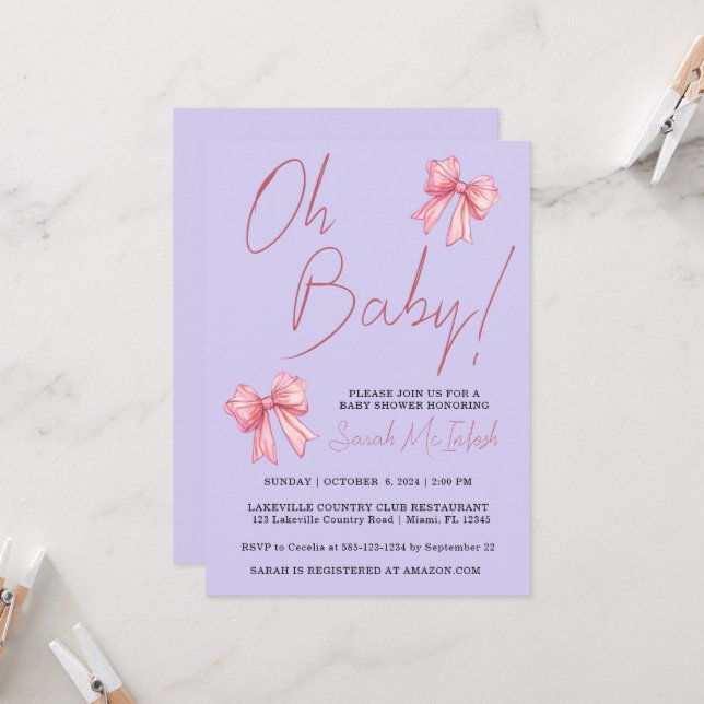Elegant Pink Bow Baby Shower Invitation (Front/Back In Situ)