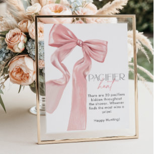 Elegant Pink Bow Baby Shower Pacifier Hunt Poster