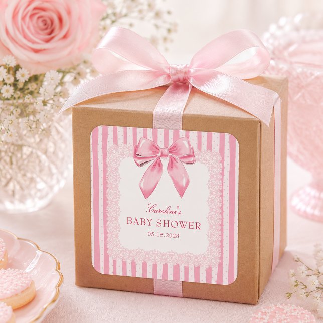 Elegant Pink Bow Baby Shower  Square Sticker (Creator Uploaded)