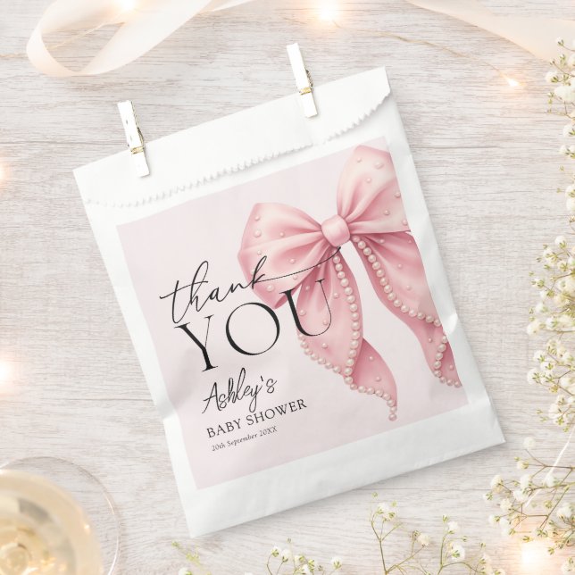 Elegant Pink Bow Baby Shower Thank You Favour Bags (Clipped)