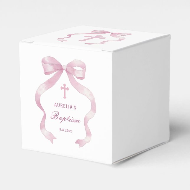 Elegant Pink Bow Baptism Cube Favour Box (Front Side)