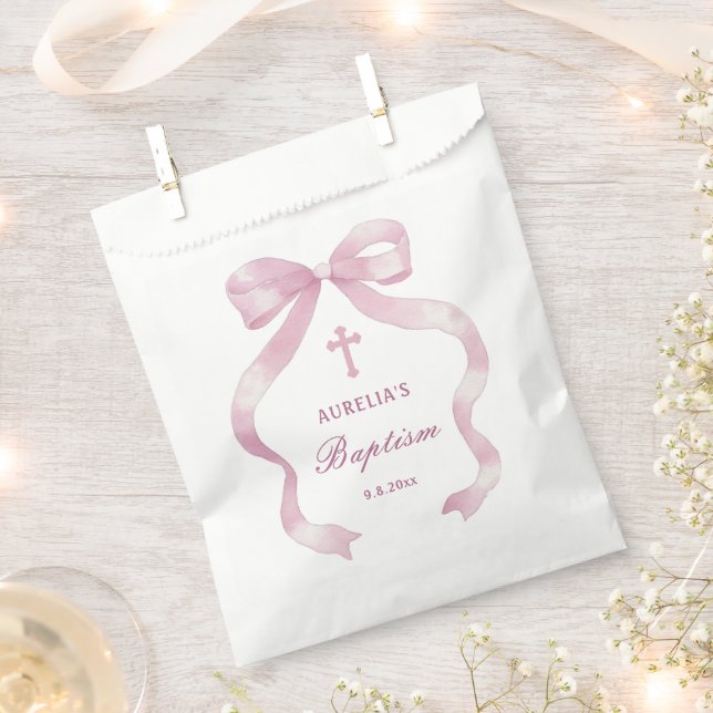 Elegant Pink Bow Baptism Favour Bags (Clipped)