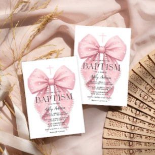 Elegant Pink Bow Baptism Girl Invitation