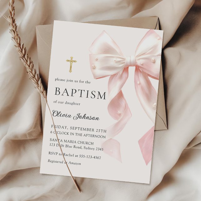 Elegant Pink Bow Baptism Girl Invitation (Creator Uploaded)