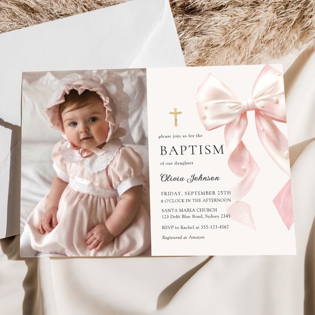 Elegant Pink Bow Baptism Girl Photo Invitation (Creator Uploaded)