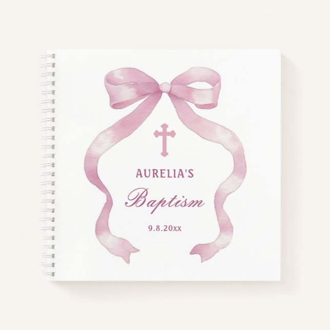 Elegant Pink Bow Baptism Guest Book (Front)