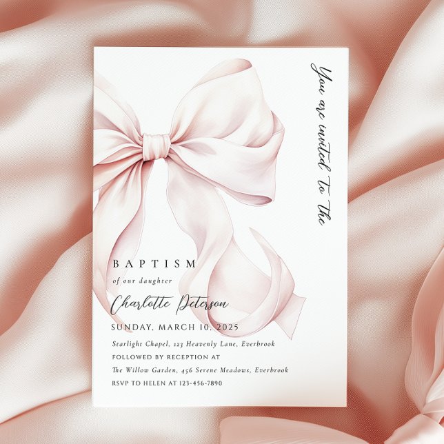 Elegant Pink Bow Baptism Invitation (Creator Uploaded)