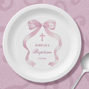 Elegant Pink Bow Baptism Paper Plate