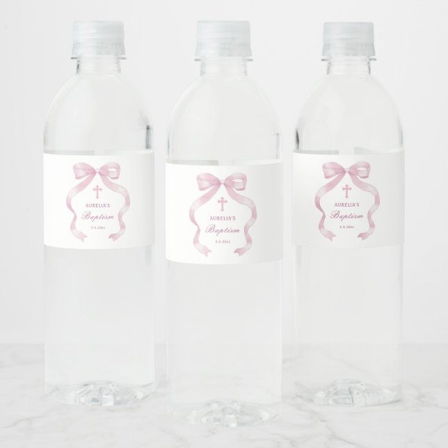 Elegant Pink Bow Baptism Water Bottle Label (Bottles)