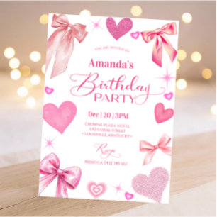 Elegant Pink Bow Birthday Party Invitation